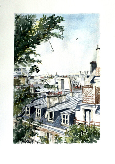 Картина под названием "Les toits de Paris" - Kija, Подлинное произведение искусства, Акварель
