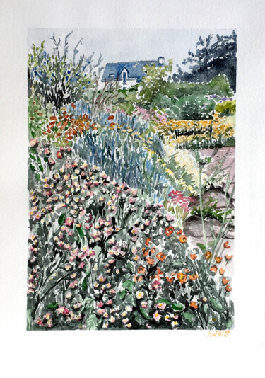 Peinture intitulée "La maison aux fleurs" par Kija, Œuvre d'art originale, Aquarelle