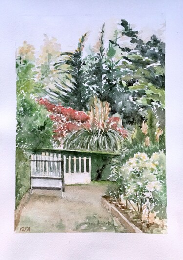 Pittura intitolato "Entrée au jardin" da Kija, Opera d'arte originale, Acquarello