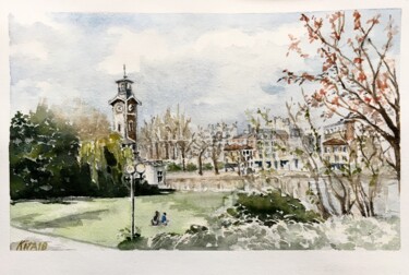 Painting titled "Le square Georges B…" by Kija, Original Artwork, Watercolor