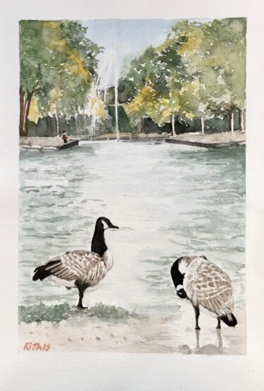 Peinture intitulée "Les oies du Parc de…" par Kija, Œuvre d'art originale, Aquarelle