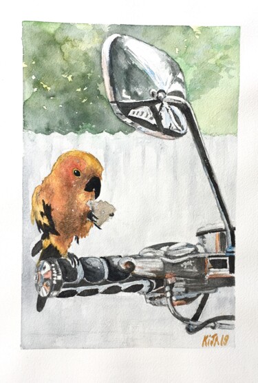 Peinture intitulée "La perruche du biker" par Kija, Œuvre d'art originale, Aquarelle