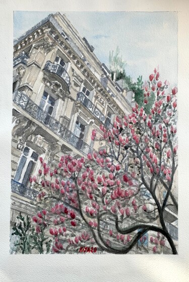 Pintura intitulada "Les magnolias" por Kija, Obras de arte originais, Aquarela