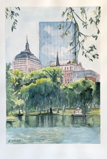 Painting titled "Boston Common Park" by Kija, Original Artwork, Watercolor