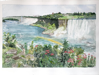 Pintura intitulada "Les chutes du Niaga…" por Kija, Obras de arte originais, Aquarela Montado em Cartão