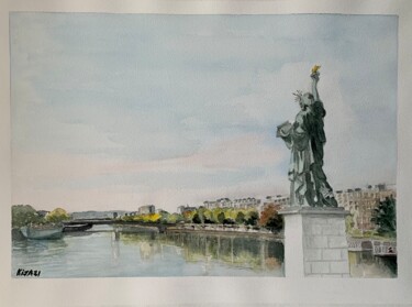 Peinture intitulée "La statue de la Lib…" par Kija, Œuvre d'art originale, Aquarelle Monté sur artwork_cat.