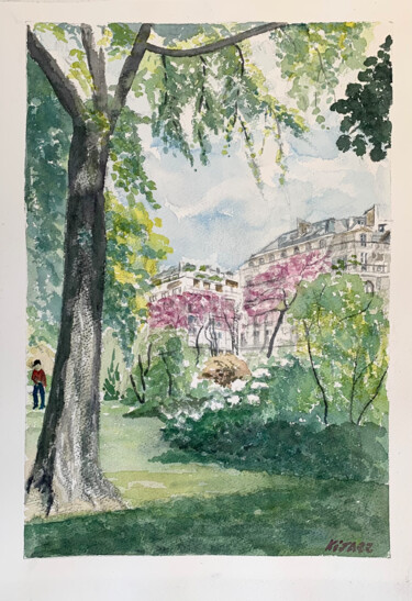 Painting titled "Le printemps parisi…" by Kija, Original Artwork, Watercolor