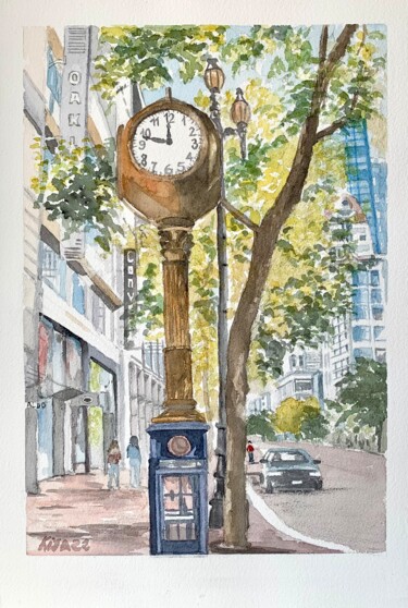 Malerei mit dem Titel "L’horloge de Market…" von Kija, Original-Kunstwerk, Aquarell