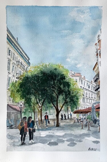 Painting titled "La place Magenta à…" by Kija, Original Artwork, Watercolor