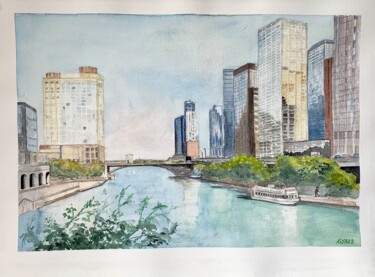 Painting titled "La Chicago River" by Kija, Original Artwork, Watercolor