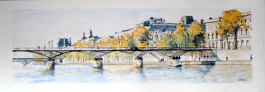 Painting titled "Le pont des Arts et…" by Kija, Original Artwork, Watercolor Mounted on artwork_cat.