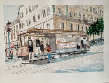 Malerei mit dem Titel "Le cable car de San…" von Kija, Original-Kunstwerk, Aquarell