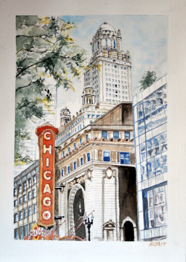 Peinture intitulée "chicago-theater" par Kija, Œuvre d'art originale, Aquarelle