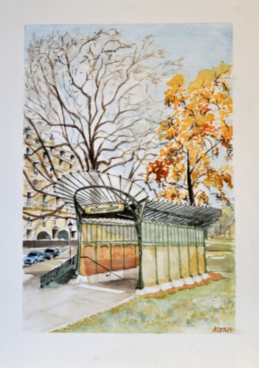 Painting titled "Station de métro Po…" by Kija, Original Artwork, Watercolor