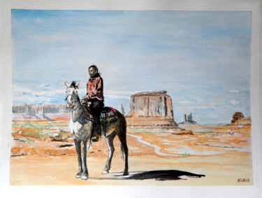 Ζωγραφική με τίτλο "Un Navajo à Monumen…" από Kija, Αυθεντικά έργα τέχνης, Ακουαρέλα