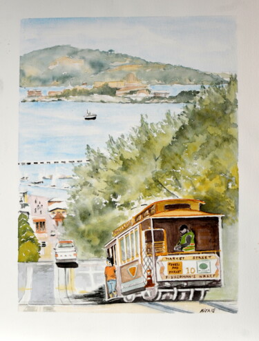 Painting titled "Le cable car de San…" by Kija, Original Artwork, Watercolor
