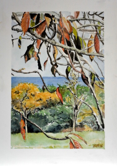 Painting titled "Les feuilles du cer…" by Kija, Original Artwork, Watercolor