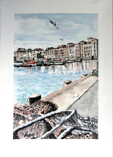 Malerei mit dem Titel "Le port de Saint Je…" von Kija, Original-Kunstwerk, Aquarell