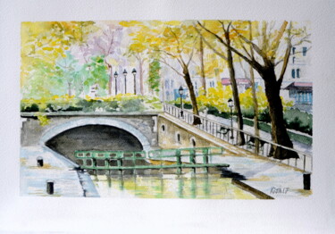 Painting titled "Le canal Saint-Mart…" by Kija, Original Artwork, Watercolor