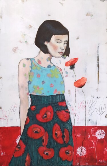 Painting titled "la jupe coquelicot" by Christelle Mévellec (Mé-Mo), Original Artwork, Acrylic Mounted on Wood Stretcher fra…