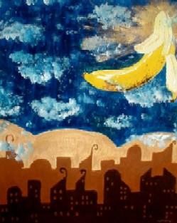 Painting titled "Banana Moon" by Kiki Poppies, Original Artwork, Oil