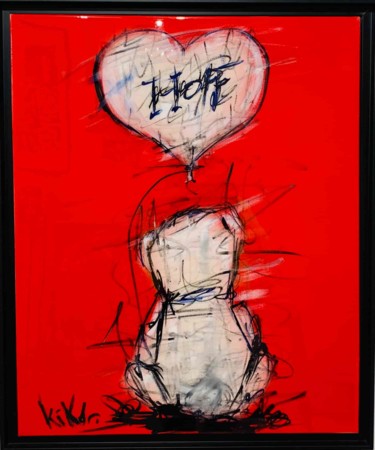 Painting titled "Ourson Hope" by Kiko, Original Artwork, Ink Mounted on Wood Stretcher frame