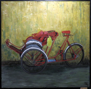Painting titled "Red cyclo by Võ Văn…" by Cau Vong Art Studio, Original Artwork, Oil