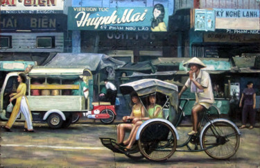 Painting titled "Shopping Saigon str…" by Cau Vong Art Studio, Original Artwork, Oil