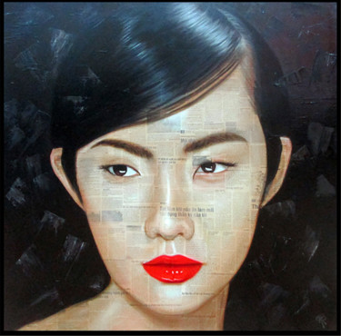Malerei mit dem Titel "Portrait on newspap…" von Cau Vong Art Studio, Original-Kunstwerk, Öl