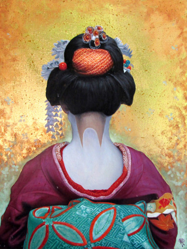 Painting titled "Blue geisha by Nguy…" by Cau Vong Art Studio, Original Artwork, Oil
