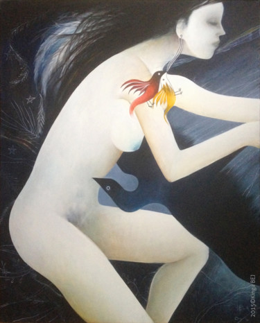 Peinture intitulée "femme à l'oiseau 1" par Kinga Bej, Œuvre d'art originale, Acrylique