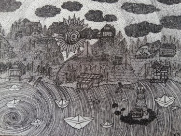 Zeichnungen mit dem Titel "Paper ship's" von Kinga Skowrońska, Original-Kunstwerk, Kugelschreiber