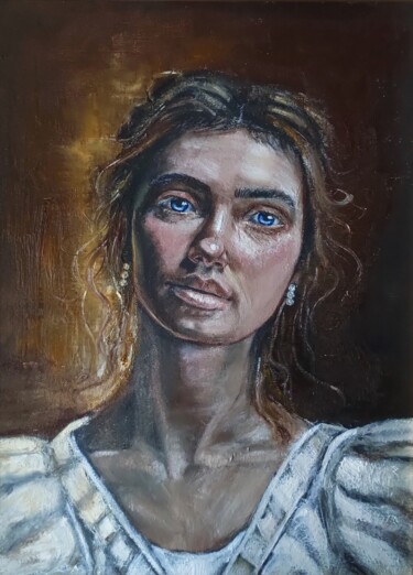 Painting titled "Lady" by Kinga Zawidlak, Original Artwork, Oil Mounted on Wood Stretcher frame
