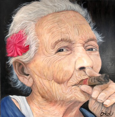 Painting titled "Lady with a cigar" by Kinga Sokol, Original Artwork, Oil