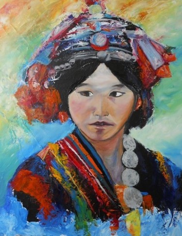 Peinture intitulée "laotienne en costum…" par Kinhda Nguyen, Œuvre d'art originale