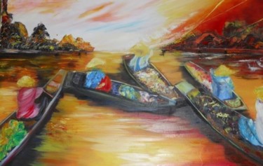 Peinture intitulée "marché flottant" par Kinhda Nguyen, Œuvre d'art originale