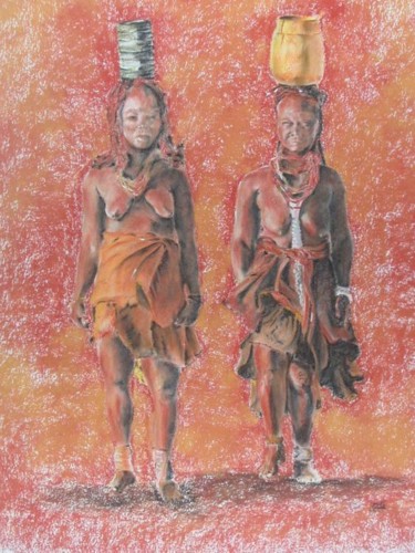 Peinture intitulée "Corvée d'eau Himba" par Patrick Dekint, Œuvre d'art originale