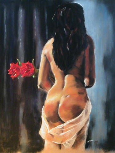 Peinture intitulée "Nue aux roses" par Patrick Dekint, Œuvre d'art originale