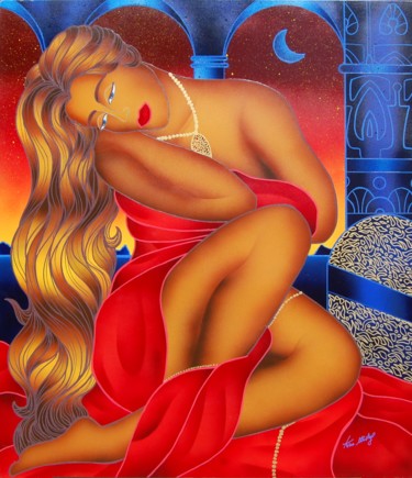 Pintura intitulada "La Donna in Rosso" por Kino Mistral, Obras de arte originais, Óleo