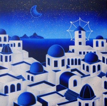 Painting titled "Santorini Blu" by Kino Mistral, Original Artwork, Oil