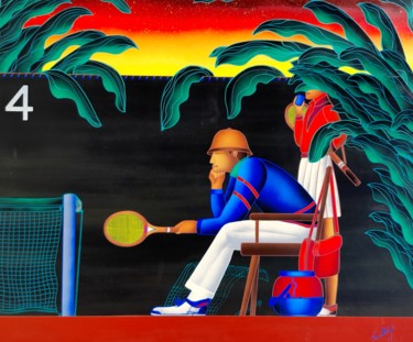 Painting titled "Tennis Club Retrò" by Kino Mistral, Original Artwork, Acrylic Mounted on Wood Stretcher frame