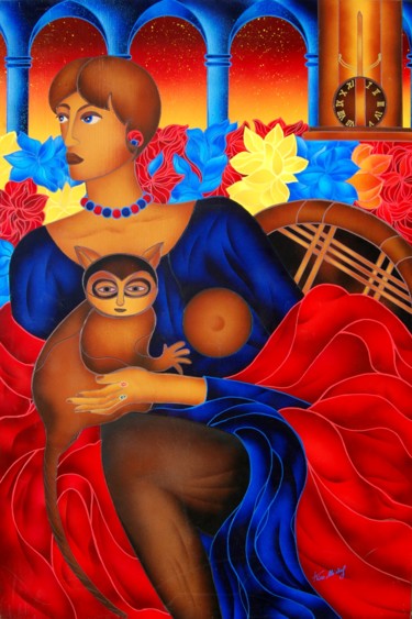 Pittura intitolato "Ritratto con Lemure" da Kino Mistral, Opera d'arte originale, Olio