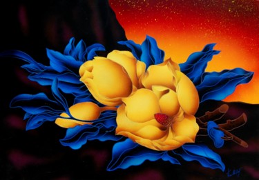 Malarstwo zatytułowany „Magnolia Gialla” autorstwa Kino Mistral, Oryginalna praca, Akryl Zamontowany na Drewniana rama noszy