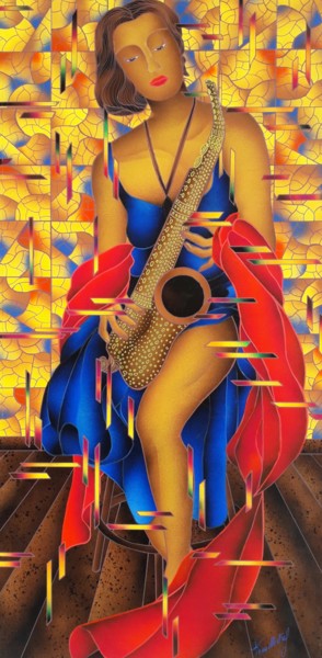 Peinture intitulée "La Sassofonista" par Kino Mistral, Œuvre d'art originale, Acrylique Monté sur Châssis en bois