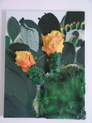 Painting titled "Fleur de Cactus" by Christine Pons, Original Artwork, Acrylic