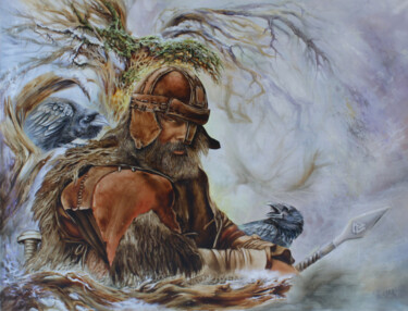 Pintura intitulada "Бог Один с воронами…" por Kira Mofa Sargon, Obras de arte originais, Óleo
