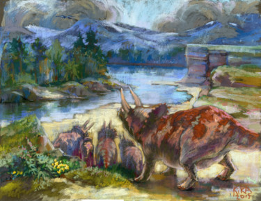 Tekening getiteld "Triceratopses On A…" door Kira Sokolovskaia, Origineel Kunstwerk, Pastel