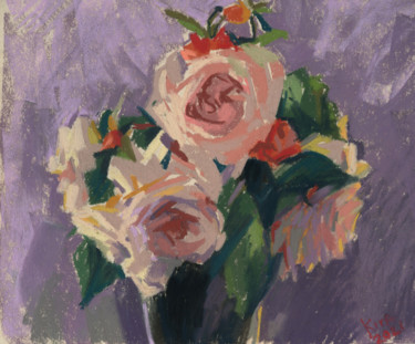 Zeichnungen mit dem Titel "Roses In A Vase" von Kira Sokolovskaia, Original-Kunstwerk, Pastell