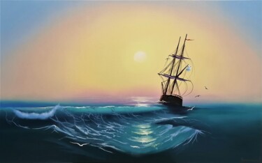 Painting titled "Sailboat under the…" by Kirill Nemaltsev, Original Artwork, Oil Mounted on Wood Stretcher frame