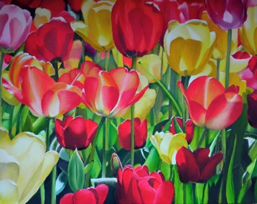 Painting titled "Tulip field" by Kirill Shevchenko, Original Artwork, Acrylic Mounted on Wood Stretcher frame